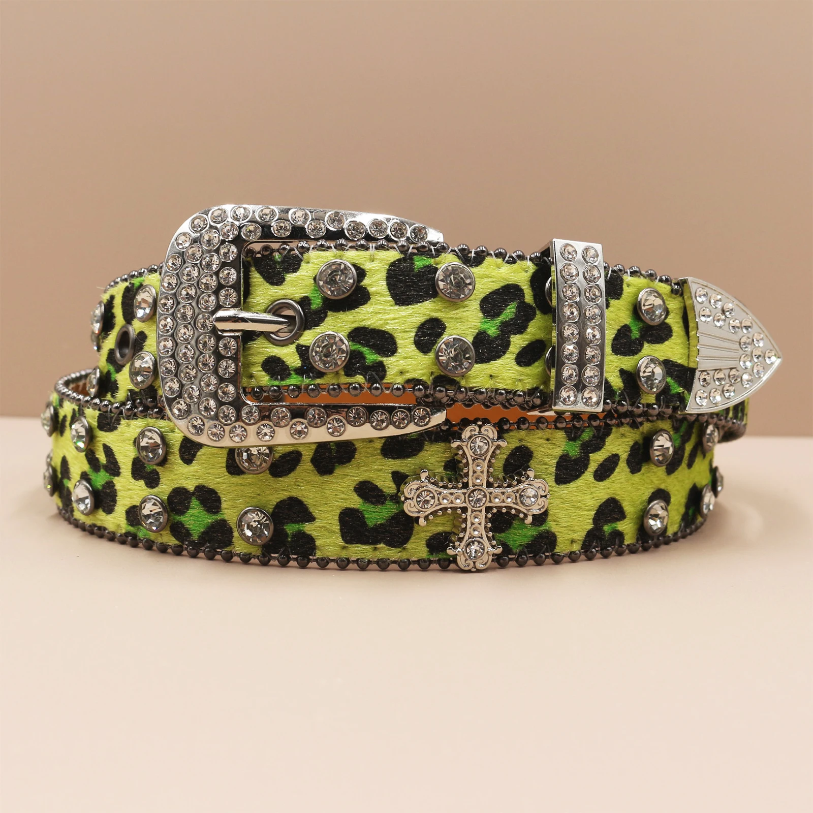 Leopard Print Rhinestone Faux Leather Belt in Green