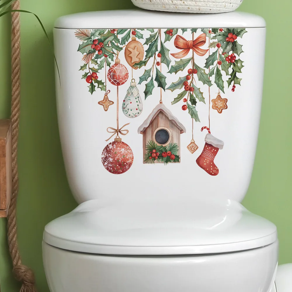 Christmas Bathroom Decoration Stickers Green Plant Decor Ball Pattern Self-adhesive Window Toilet Holiday Party Wall Sticker