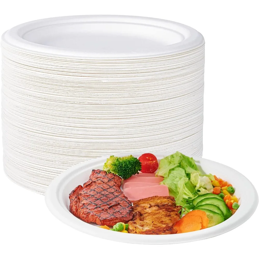 

150-Pack 10" Compostable Paper Plates – Heavy-Duty Sugarcane Bagasse, White, for Dinner Parties
