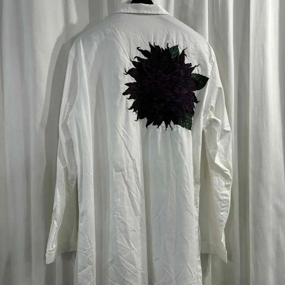 TOP-YAMAMOTO ® Japanese Original Design white pure cotton embroidered shirt Men's Dahlia Limited Edition