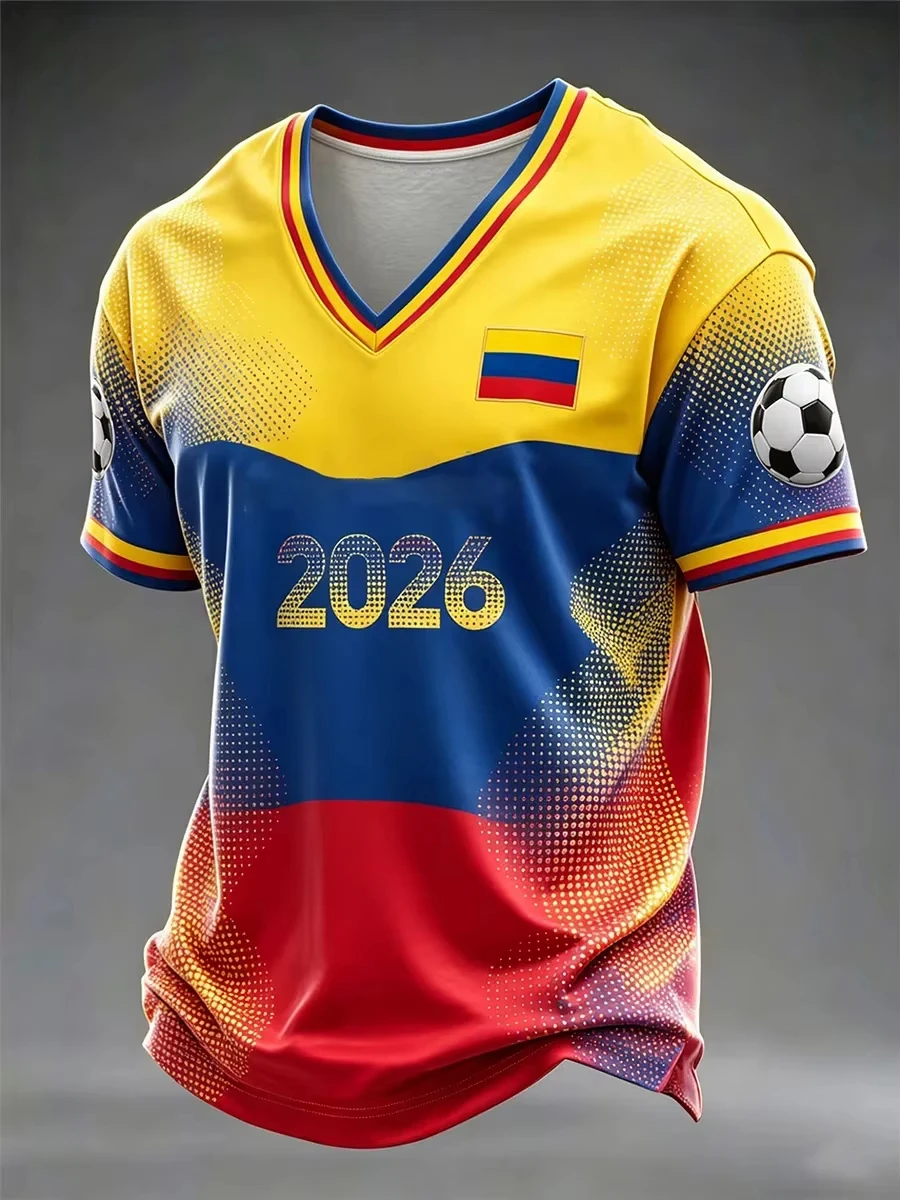 Colombia Team Football Jersey Yellow Chevron Letter Print Red Blue Crew Neck Quick Dry Sports Fan Unisex Tops Family Tees