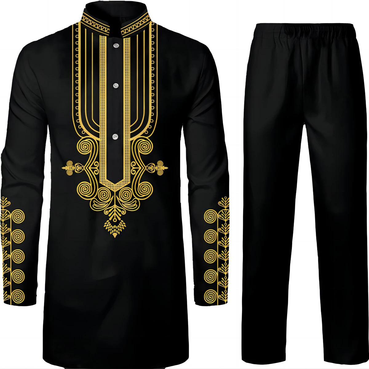 2pcs Embroidered Men\'s Cultural Outfit - Stand Collar Robe & Drawstring Trousers