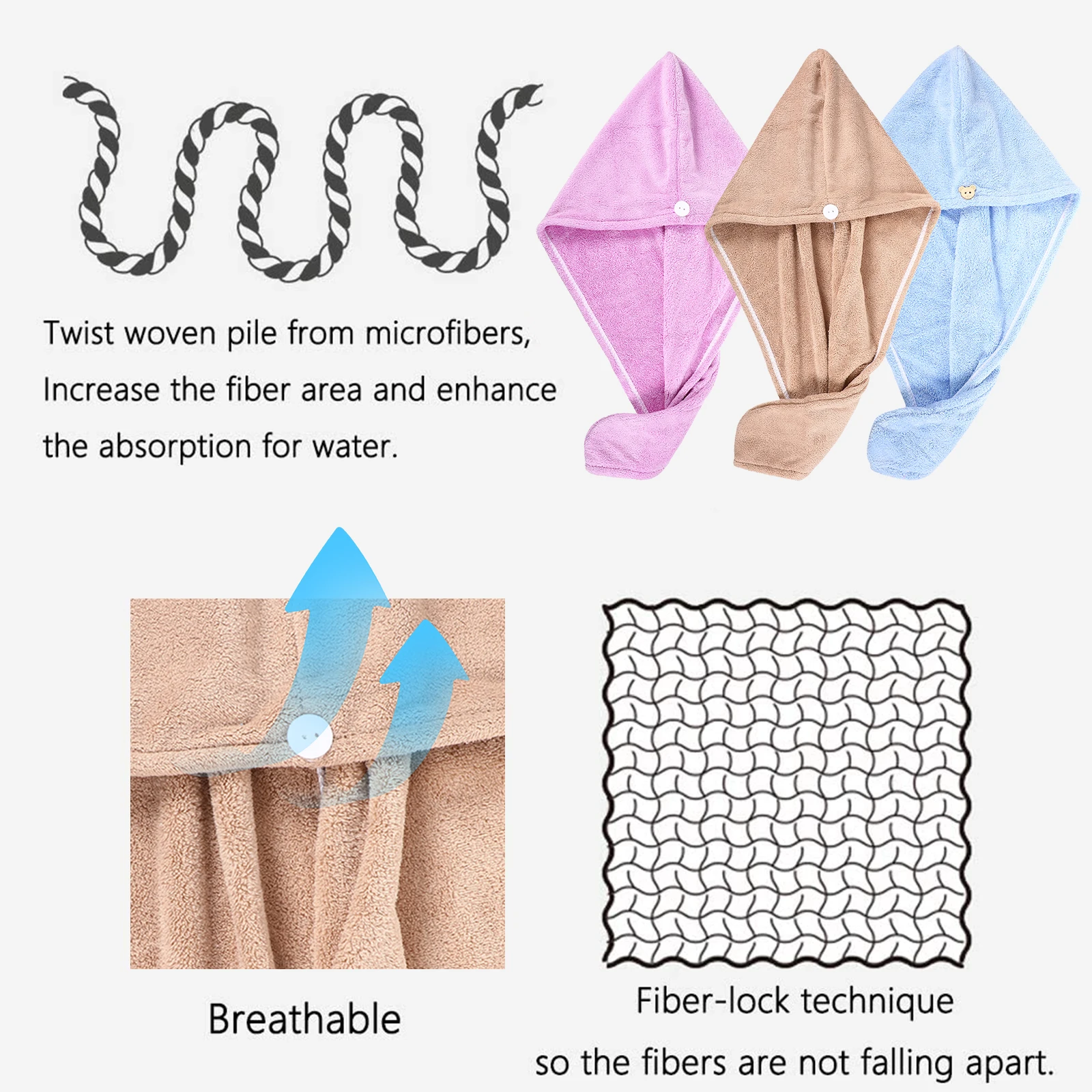 

3Pcs Coral Fleece Hair Towel Quick Drying Absorbent Cap Large Size Soft Material DryHairHat HairTurbanTowel HairDryerCap