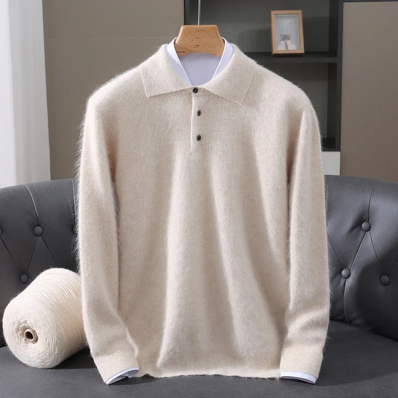

Turn-Down Collar Men Long Sleeve Knitwear Pullover Sweater Autumn And Winter 100% Mink Cashmere Warm Clothing Tops