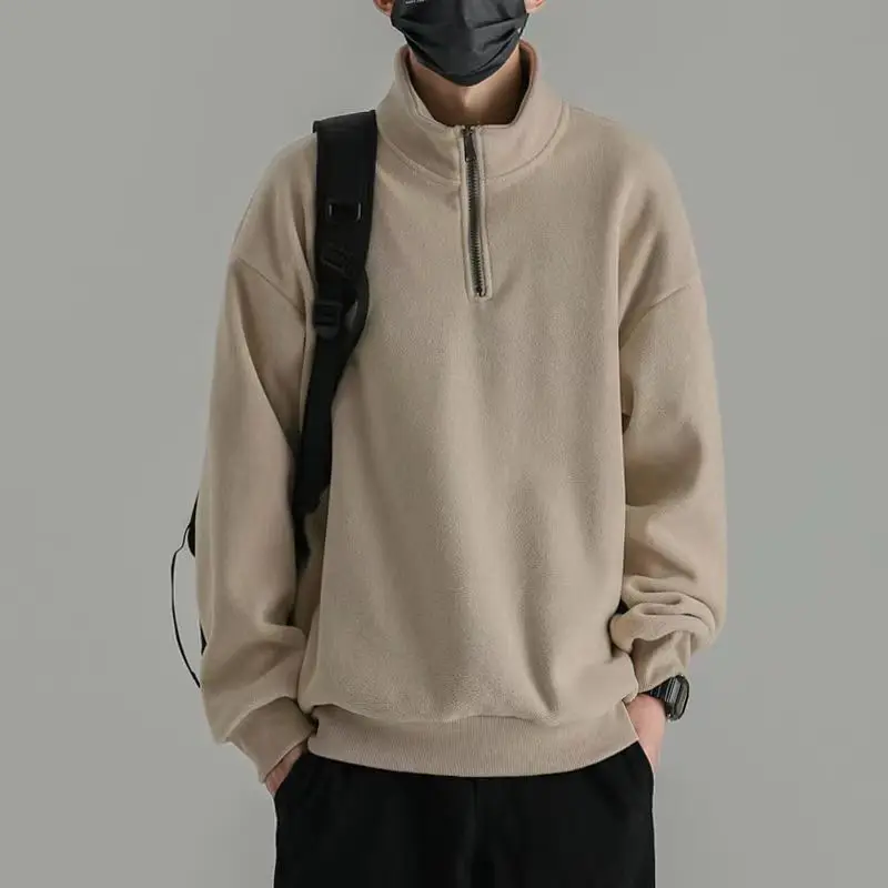 

2023 Autumn Winter Men's Sweater Half Zipper Polar Fleece Pullover High Neck Long Sleeve Double Face Fleece Standing Neck Top