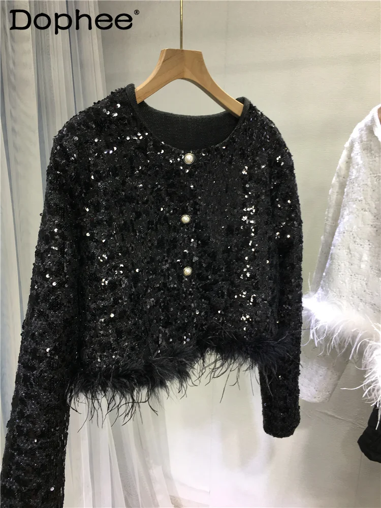 

French Style Heavy Industry Manual Beaded Sequins Ostrich Fur Short Coat Women Autumn Winter Clothes Fashionable Black Jacket