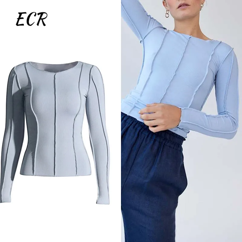 ECR Solid Minimalist Streetwear Skinny T Shirt For Women Round Neck Long Sleeve Temperament T Shirts Female Fashion Clothing New