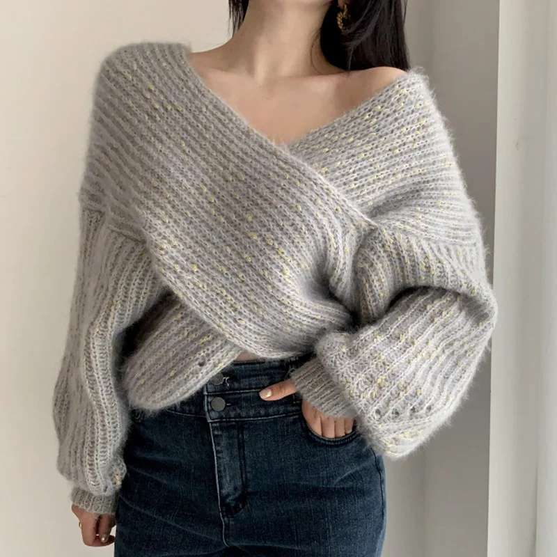 

Chic Autumn Winter Cross V-Ne Long Sve Oversized Casual Women's Knitted Sweater Comfortable Loose Fit Crew Ne Top