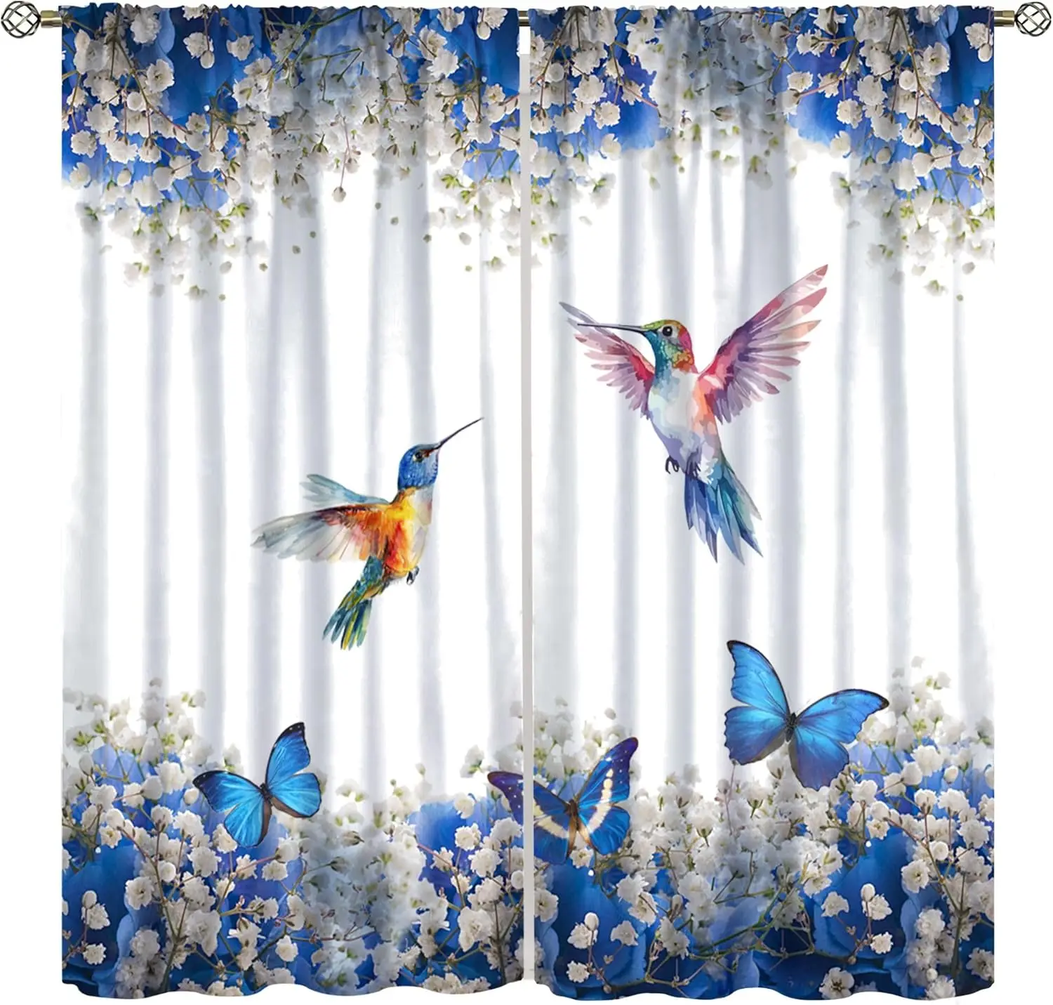 Bird Floral Curtains Blue Butterfly Leaves Wildflower Colorful Hummingbird Illustration Window Treatments for Kitchen Kids Boys