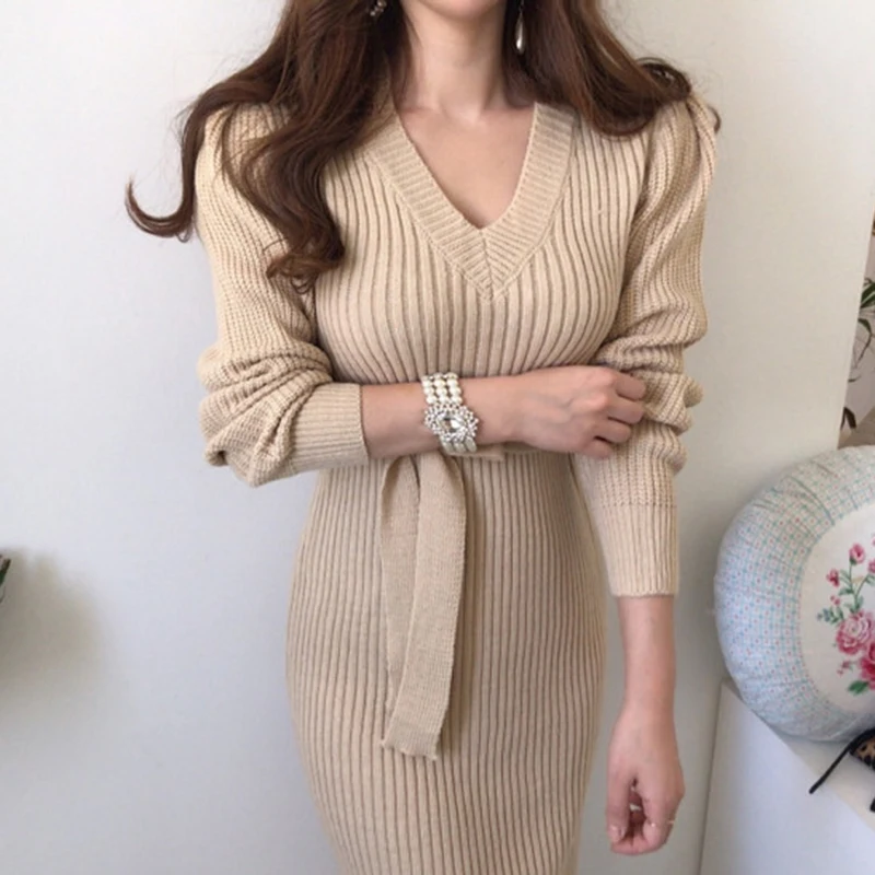 

Bodycon Clothing Autumn Solid New Dresses Knitted Thick Warm 2022 Korean Winter Vintage Elegant Sweater Dress Women Woman Robe