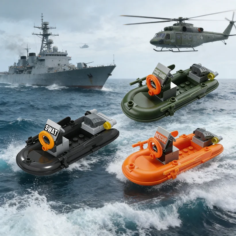 Kinder-Militärserie MOC Bausteine Gummiboot Schnellboot Montagemodell mit Zubehör für Jungen Lernspielzeug
