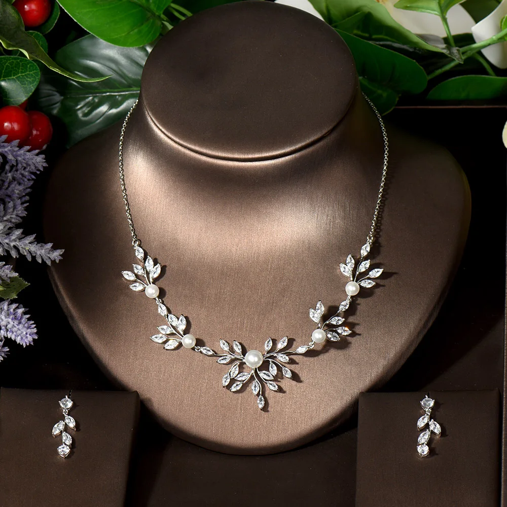 HIBRIDE Gorgeous Fashion Cubic Zircon Earrings Necklace Set For Women Leaf Design Bride Wedding Jewelry Accessories N-1261