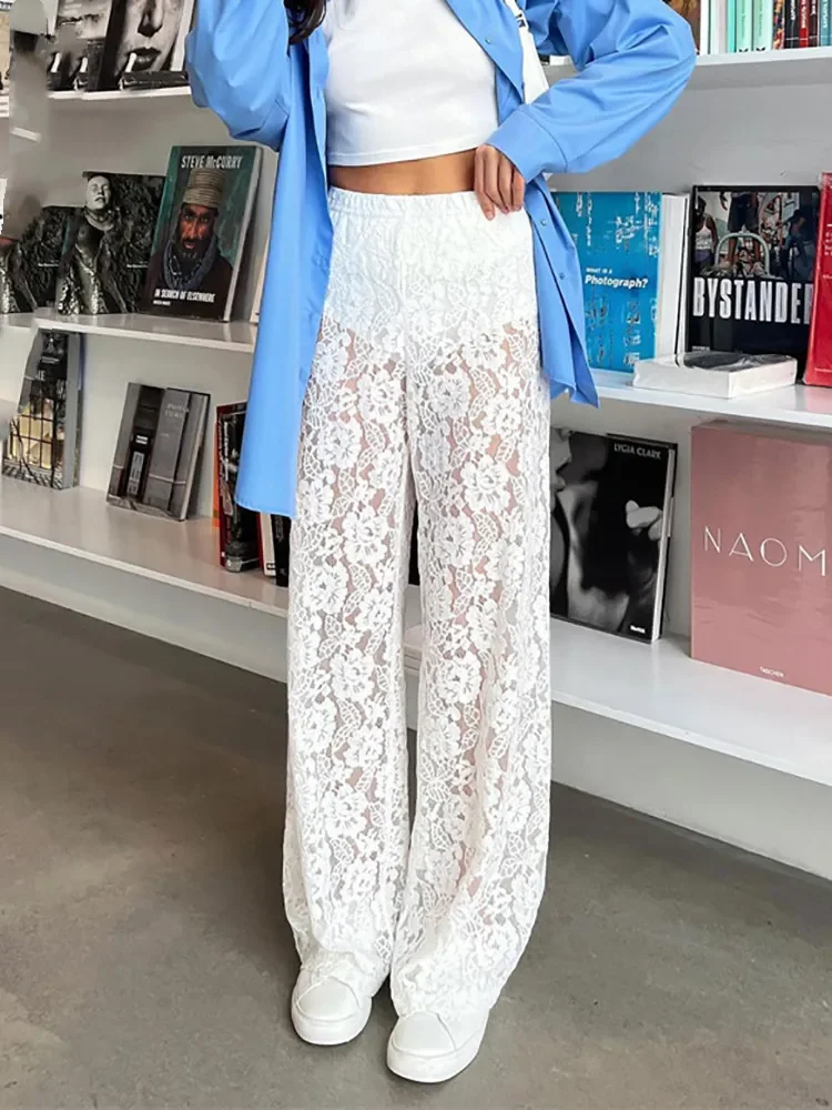 Sexy See Through Lace Women Pant White Hollow Out High Waist Two Piece Sets Female Summer Casual Outside Streetwear 2024