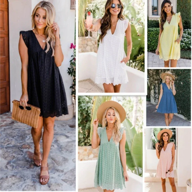 Hollow Out Sexy Lace Mesh Mini Dresses for Women V-neck Ruffle Sleeves A-line New Summer Lose Sundress with Pocket and Shorts