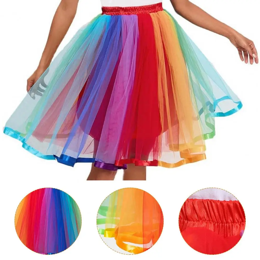 Elasticated Waist Skirt Colorful Rainbow Dance Skirt High-waisted Midi with Elastic Waistband Sweet Style Mid-calf for Women