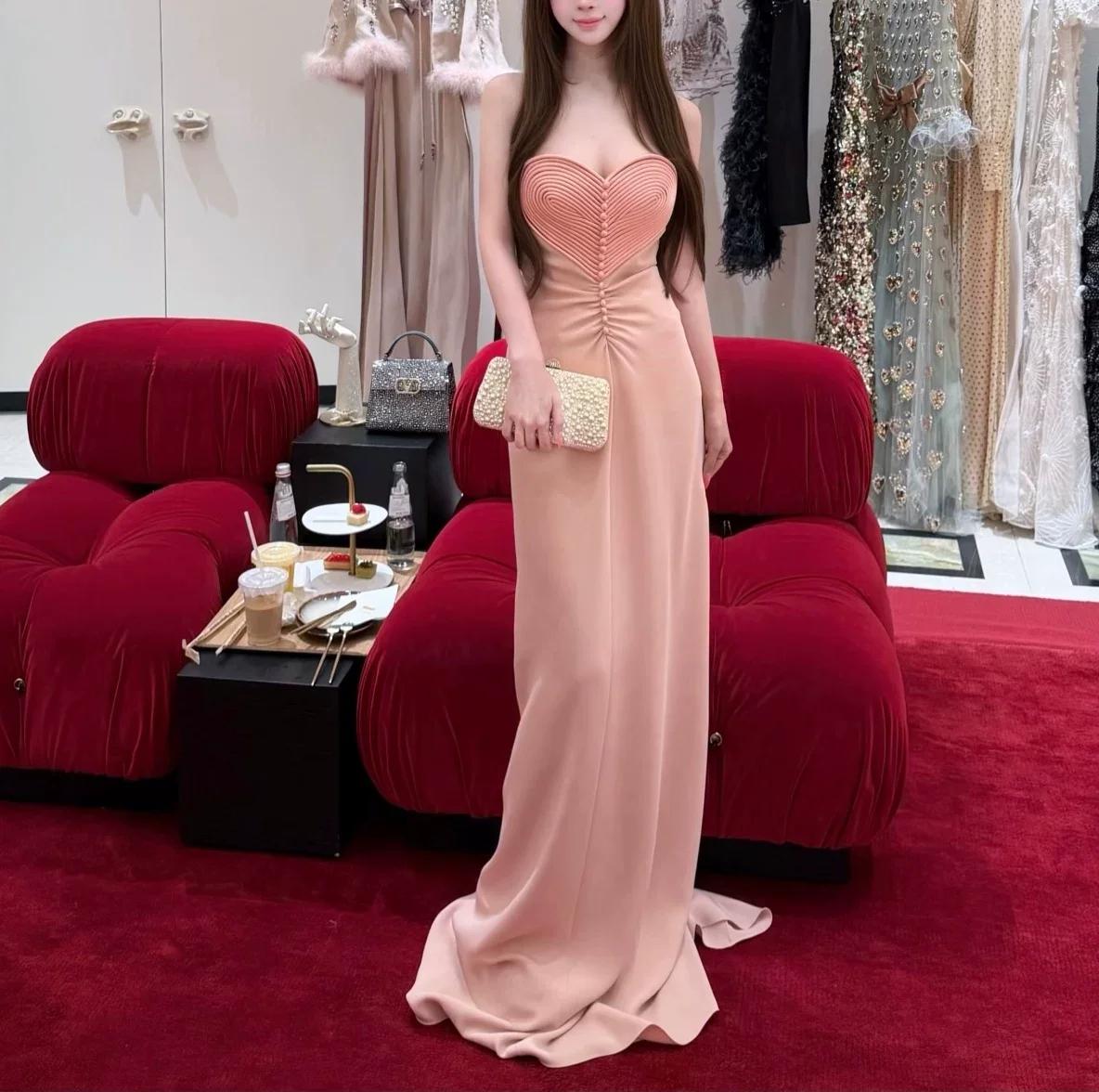 

Sexy Ladies Pink Strapless Mermaid Dress Long Fashion Women's Sheath Midi Dress Elegant Ladies Silk Prom Dress
