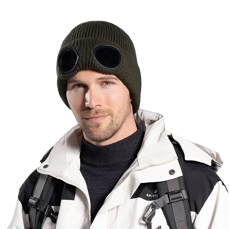 Autumn and winter men's and women's windproof goggles plus velvet ski hat new knitted warm wool glasses hat