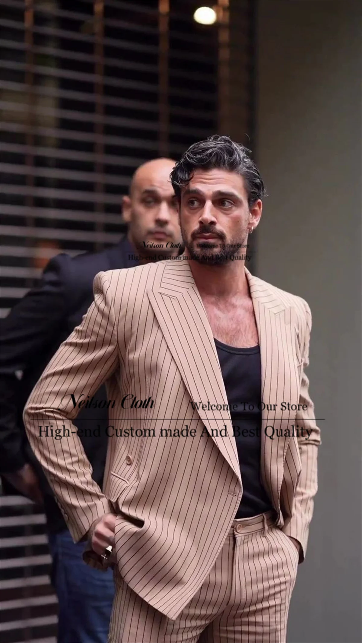 

Formal Champagne Male Prom Blazers 2 Pcs Sets Stripe Groom Wedding Tuxedos Slim Fit Customized Peaked Lapel Terno Masculino