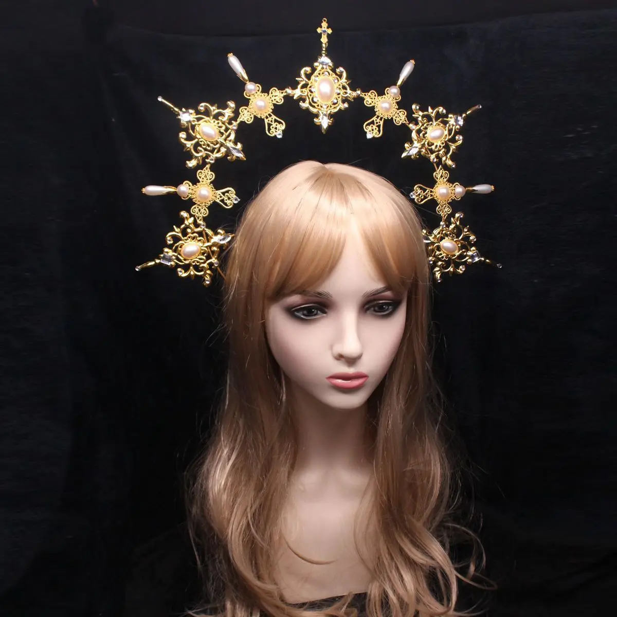 Handmade Lolita Halo Crown Headlights  Goddess Headpiece Wedding Headdress Gothic Sun Halo With bead Chain For Pregnancy Photo