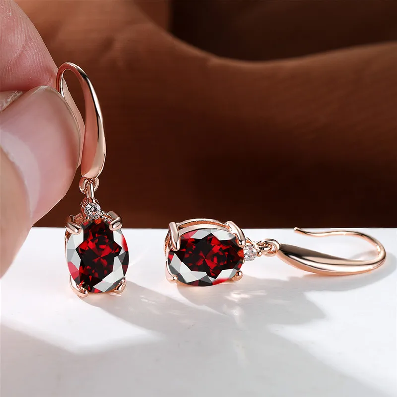 Blaue und Rote Zirkon-Ohrringe mit Langem Regenbogen-Kristall und Ovalem Stein, Trendige Roségoldfarbene Hochzeitsschmuckstücke für Frauen