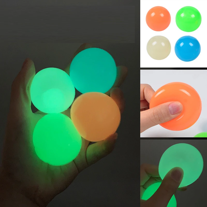 6pcs Luminous Wall Target Ball Sucker Sticky Ceiling Ball DecompressionToys Squeeze Ball For Kids Adult Colorful Rubber Balls