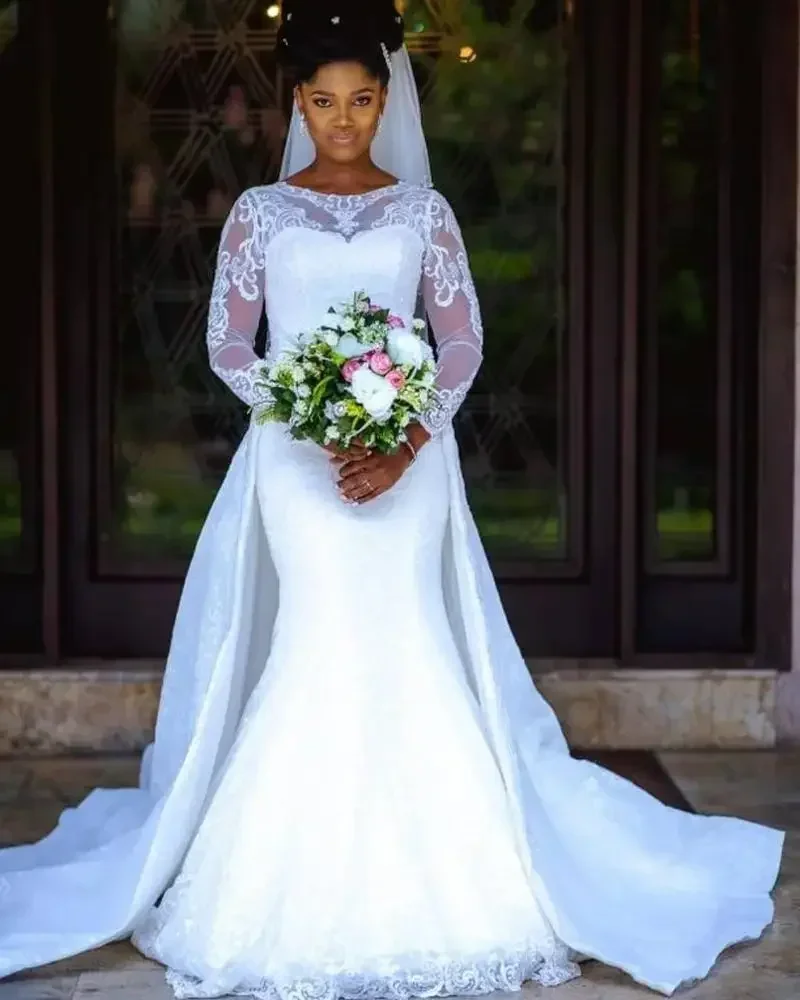 Personalizado plus size apliques personalizados sereia trompete renda manga longa saia destacável dois em um vestidos de casamento