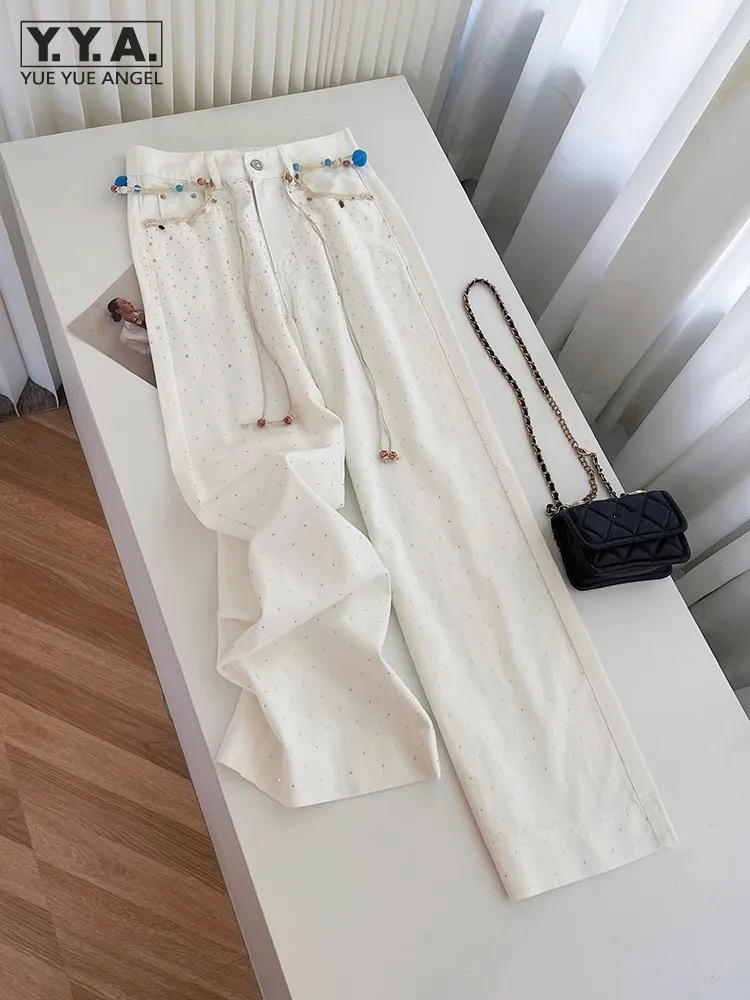 

Elegant Office Lady Work Long White Denim Pants Shiny Diamonds High Waist Wide Leg Pants Streetwear Casual Jeans Women Trousers