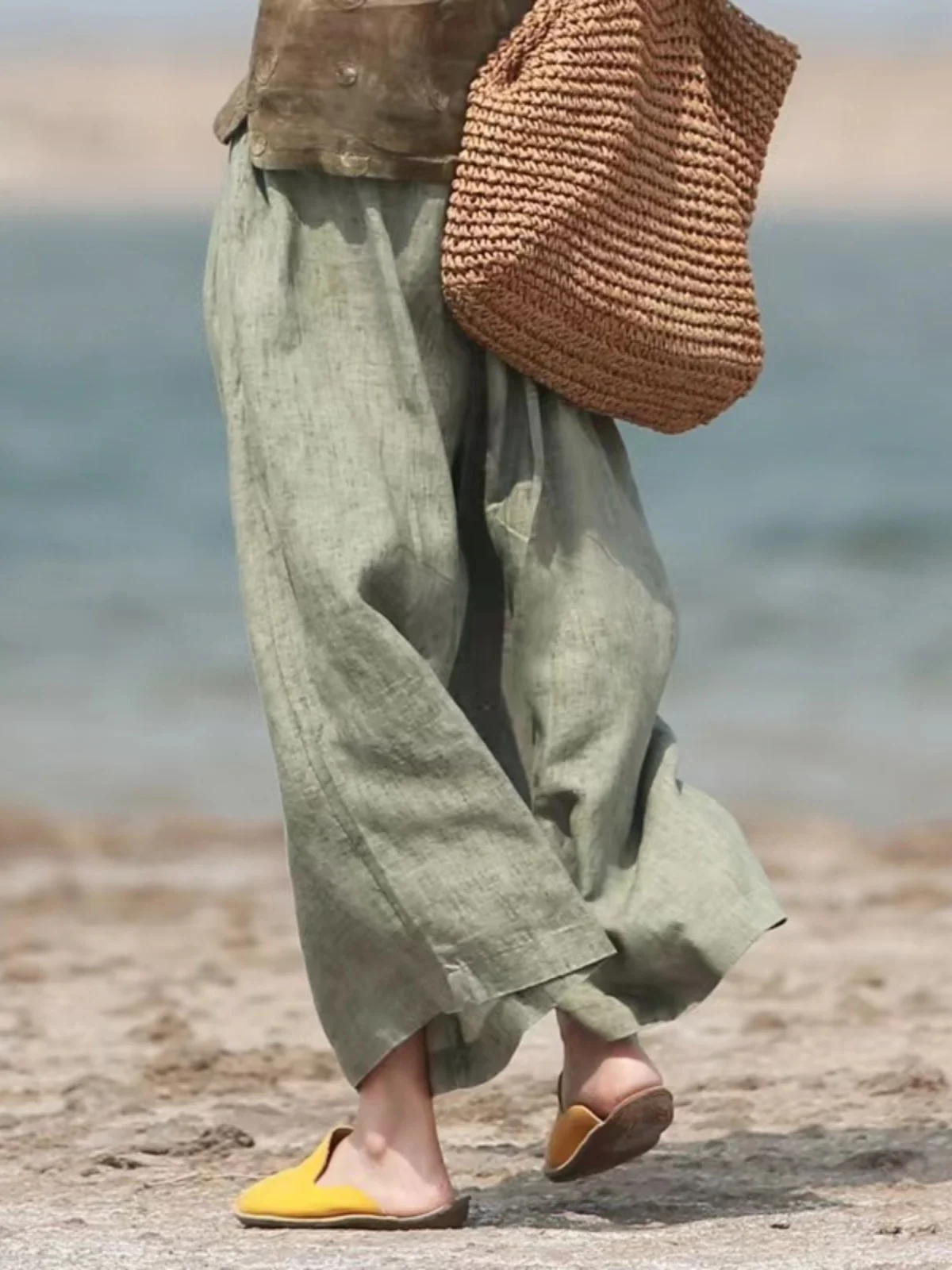 plus Size Women's Slimming Cotton Linen Wide Leg Pants High Waist Nine Point Thin Model Casual Trousers for Young Mothers