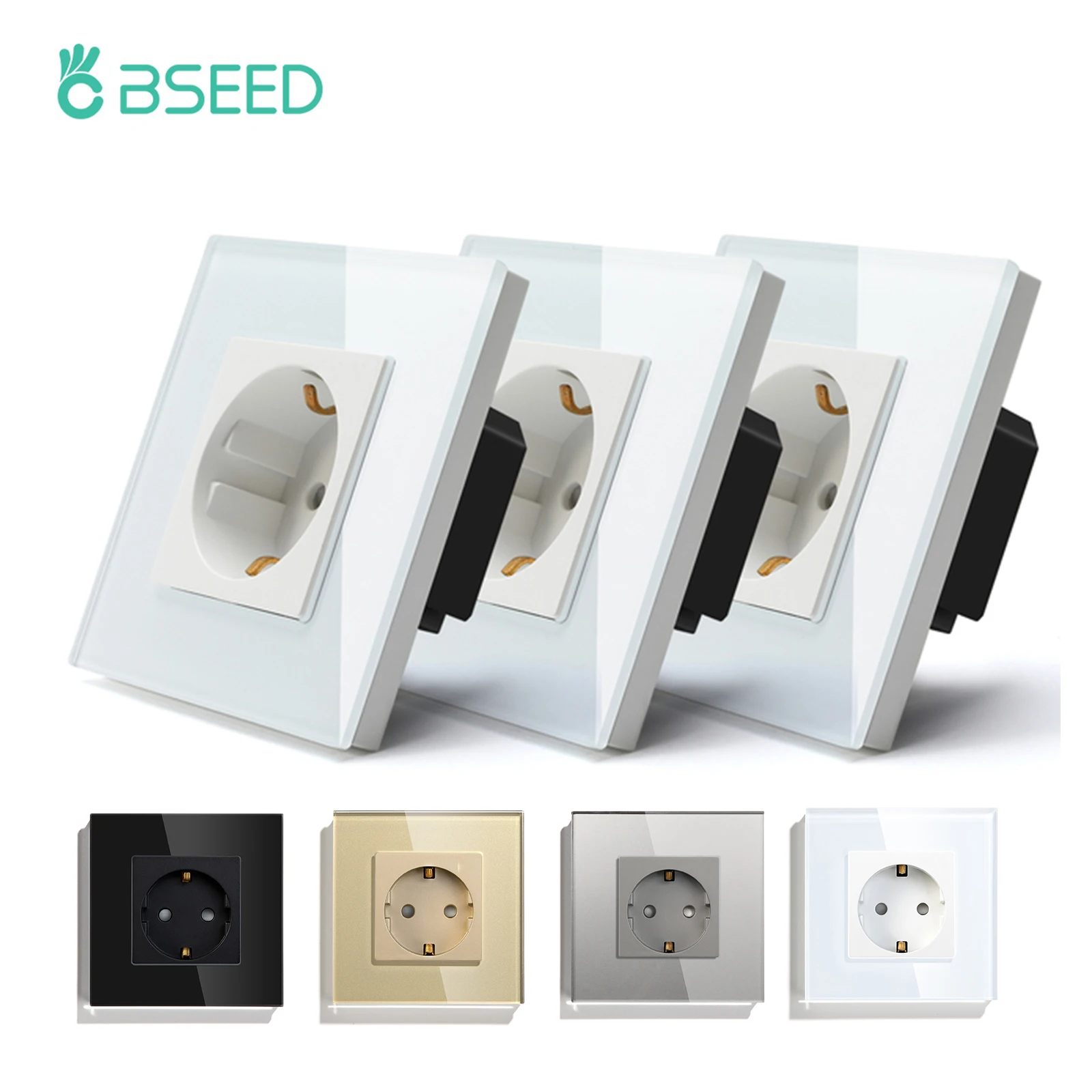 BSEED EU Standard Wall Socket Glass Crystal Panel Single Electrical Outlet 16A Mounted Socket 110V - 240V  Kids Protection