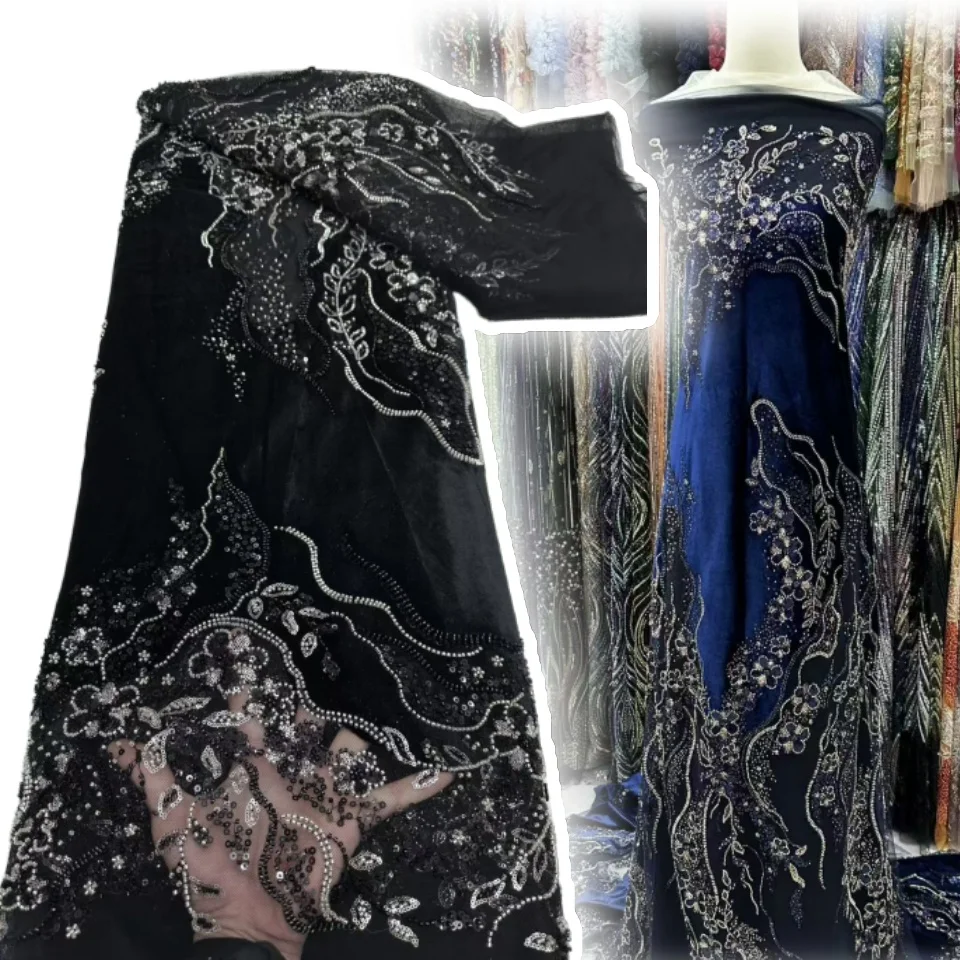 

Luxury Beads Mesh Lace Fabrics Velvet Lace Nigerian African Tulle French Tulle Beaded Net Lace for Women Evening Dresses TP1247