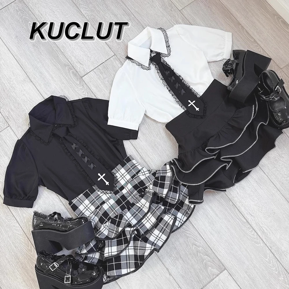 Japanese Mine Lace Collar Small Tie Short Sleeve Shirt Goth Shirts Y2k Top Ruffle Edge Puffy Strap Short Skirt Culottes Set Girl