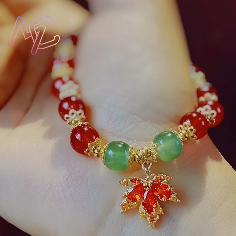 Red Natural Jade Beads Bracelet Maple Leaf Bangle Real Jewelry Fashion Gifts for Women Charm Gemstone Designer Accessories - Image 6