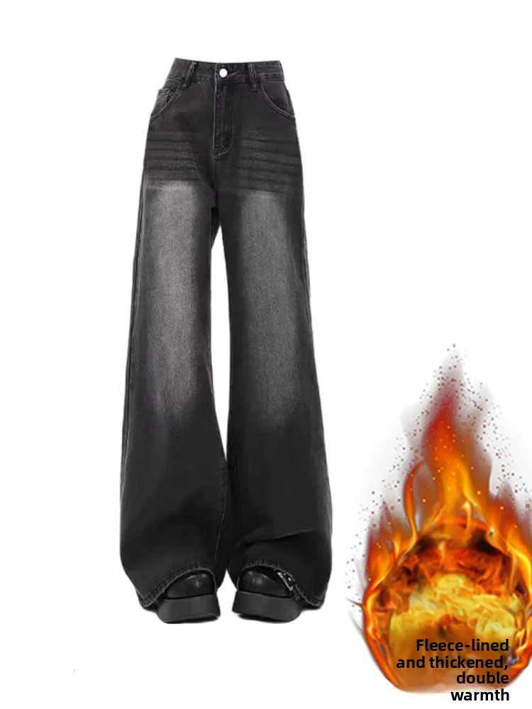 

American Style Fleece Lined Thick Wide Leg Jeans Women's plus Size High Waist Loose Floor Length Warm Straight Cut Pants Winter