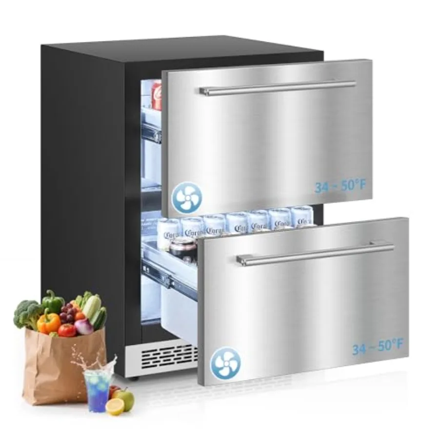 24 Undercounter Drawer Refrigerator for home and commercial use, stainless steel, silver, waterproof indoor/outdoor beverage fr
