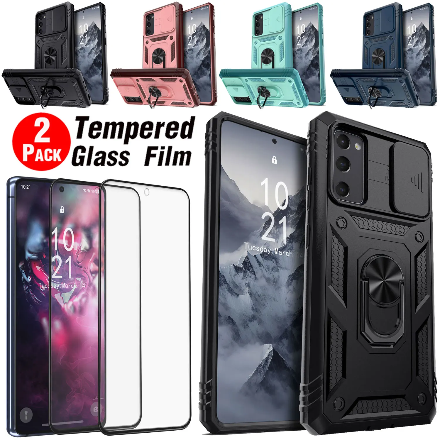 

For Samsung For Galaxy S20 FE 5G Lens Slide Protect Case Ring Stand Holder Cover +2PCS Clear Tempered Glass Screen Protectors