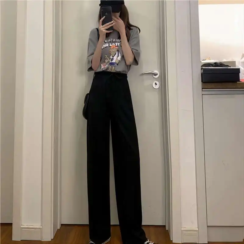 2024 New Women Pants Summer Ice Silk Wide Leg Pants High Waist Elastic Casual Pants Female Slimming Loose Black Straight Trouser