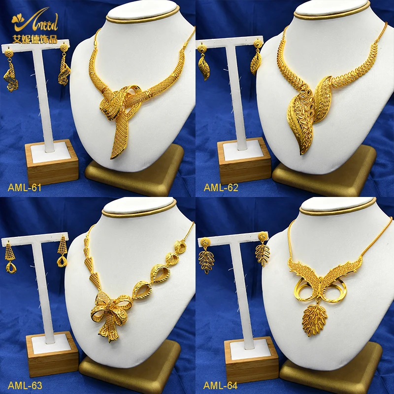 

ANIID Dubai New Shape Pendant Necklace And Earrings Sets Arab Bridal 24k Gold Color Choker Set for Indian Wedding Jewelry Gifts