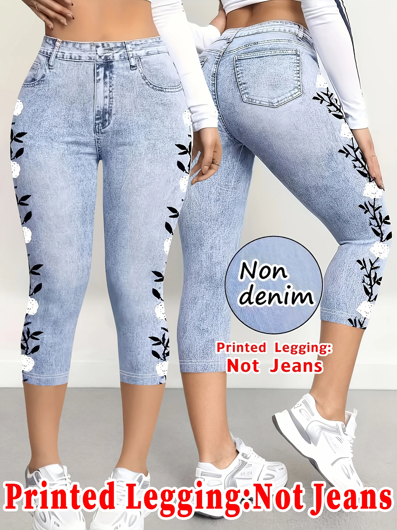 Fashionable women's printed skinny capris, high-elastic seamless design with mock pockets, ideal for casual and sports wear