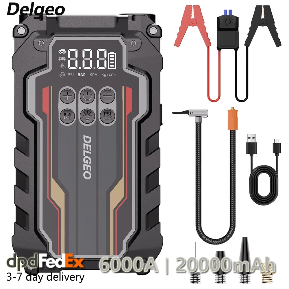 Delgeo 6000A Power Bank Rozruszający 20000mAh, Booster Samochodowy, Zewnętrzny Akumulator 12V, Urządzenie Rozruszające do Silników Benzynowych i Diesla, Powerbank