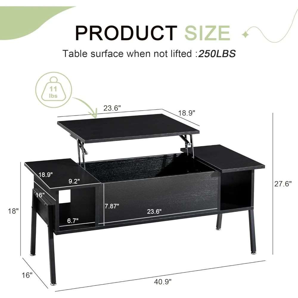 우드 리프트 탑 커피 테이블, 숨겨진 칸막이 및 보관 선반, 거실 및 사무실 접객, 대형 다크 브라운, 블랙