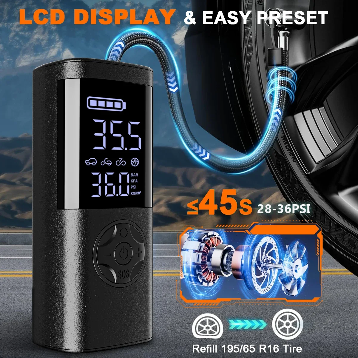 Portable Tire Inflator for Car Motorcycles Bicycle, Mini Electric Air Pump Digital Display, Handheld Wireless Air Compressor