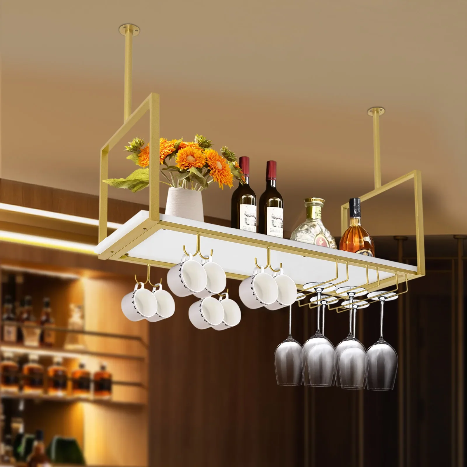 

Gold Ceiling Wine Glass Rack 31.5 Inch Metal Hanging Holder with 9 Glass Slots and Storage Shelf for Kitchen Bar