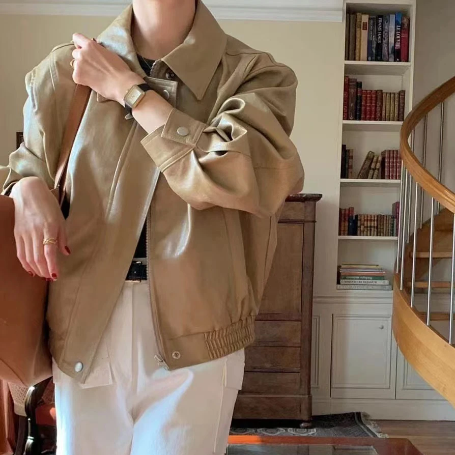 Retro Faion Hong Kong Sle Long Sve PU Leather Jaet Women's Motorcycle Jaet Top PU Leather Outerwear Coat