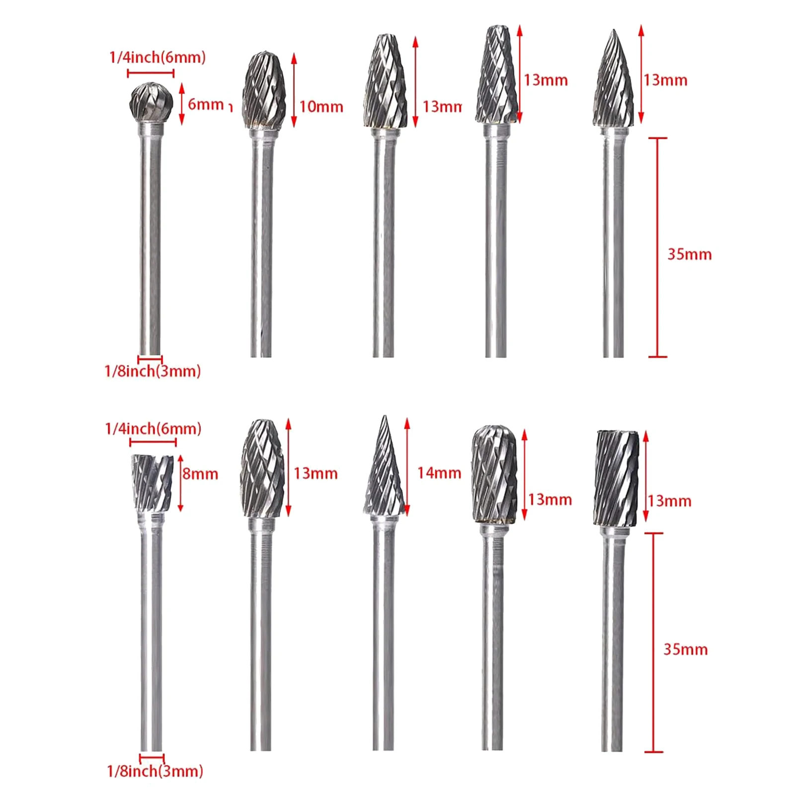 10pcs Double Cut Carbide Rotary Burr Set Die Grinder Tungsten Bits For Wood Working Carving Polishing Drilling