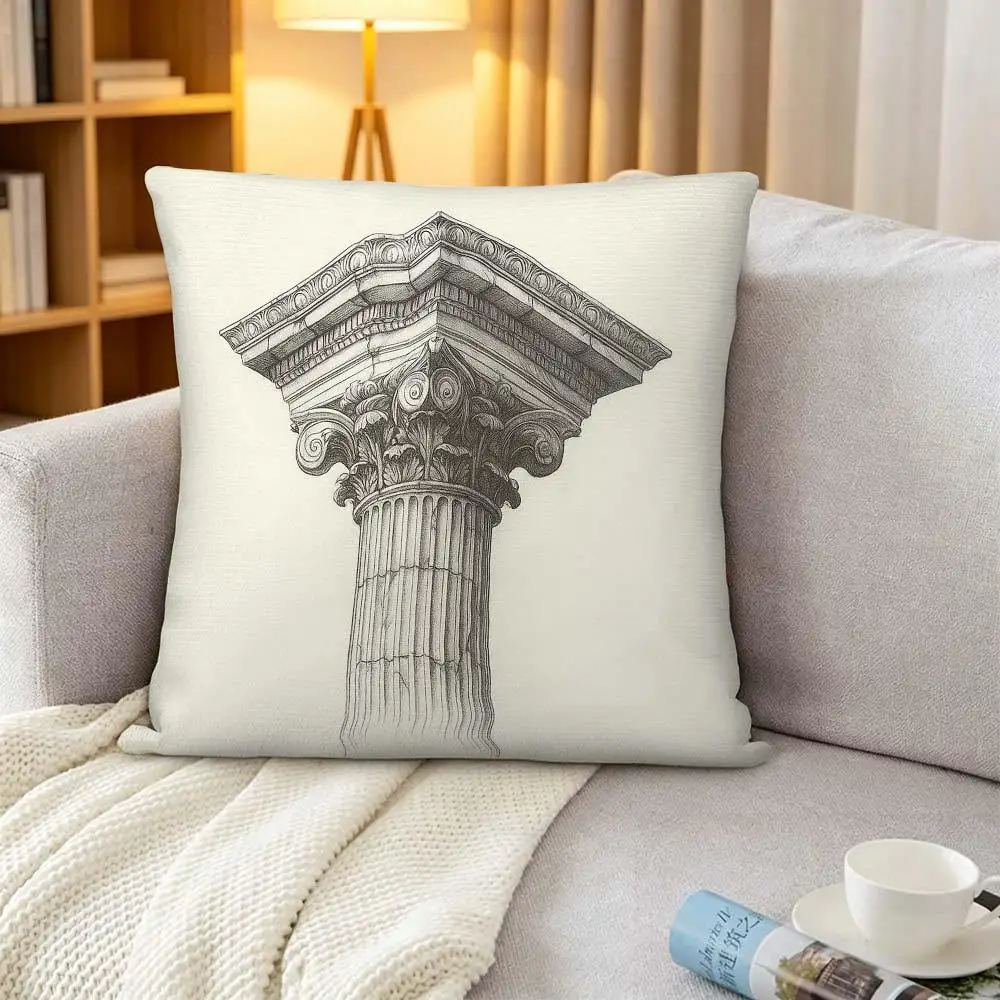 Vintage Roman Column Pillowcase, Classical Architecture Sketch Cushion Cover, Greek Pillar Art, Neutral Home Decor, Study Gift
