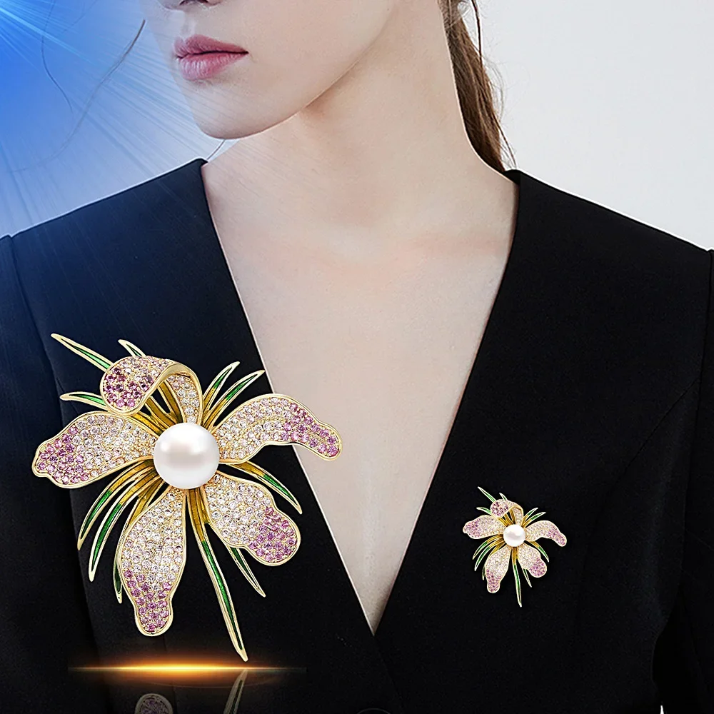 Women's Jewelry Elegant Enamel Orchid Flower Brooch Rhinestone Pearl Badge Pin Metal Plant Corsage Mother's Day Gifts