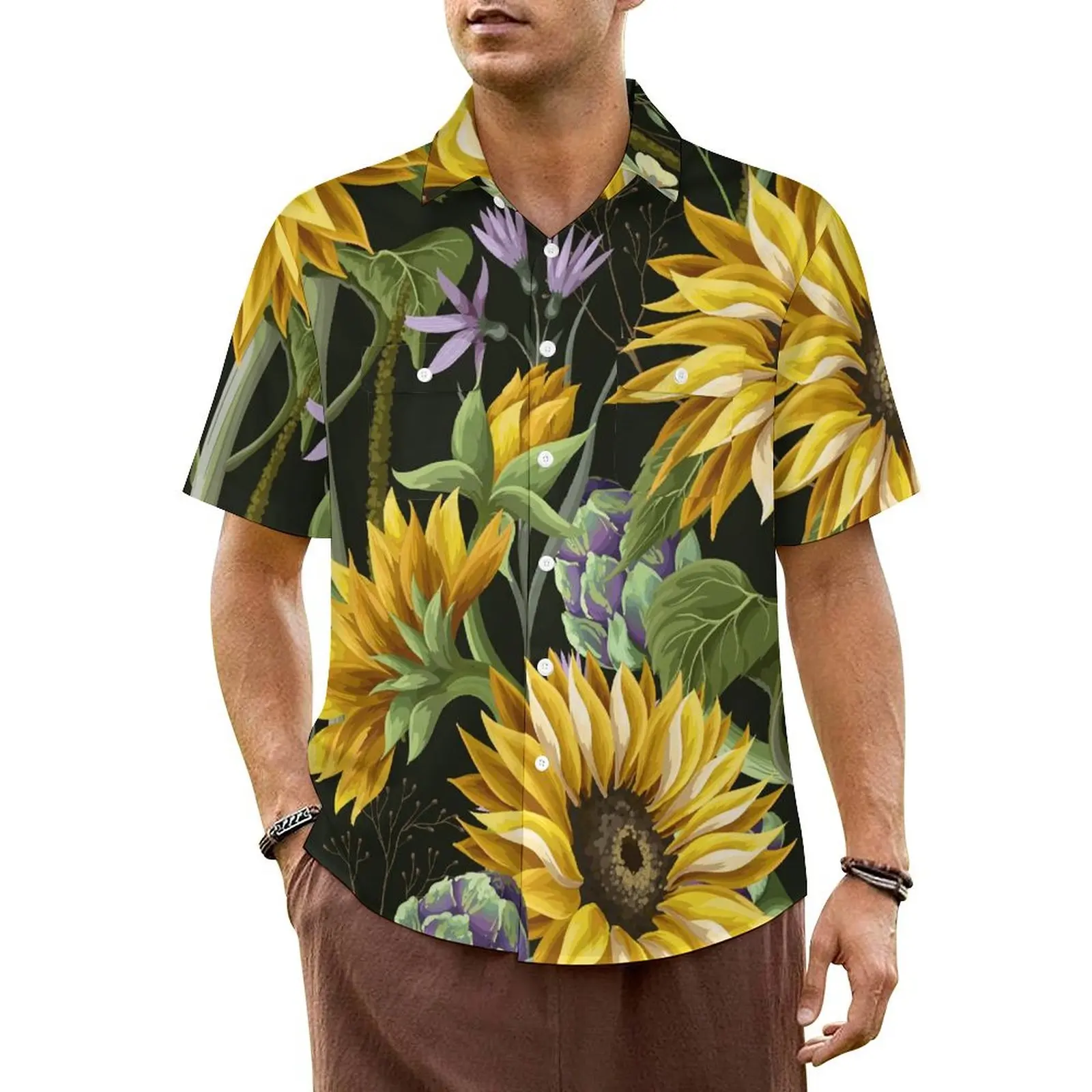 

Sunflower Art Summer Shirt For Male Vacation Sunflowers Blooming Casual Shirts Short-Sleeve Y2K Design Novelty Oversized Blouses