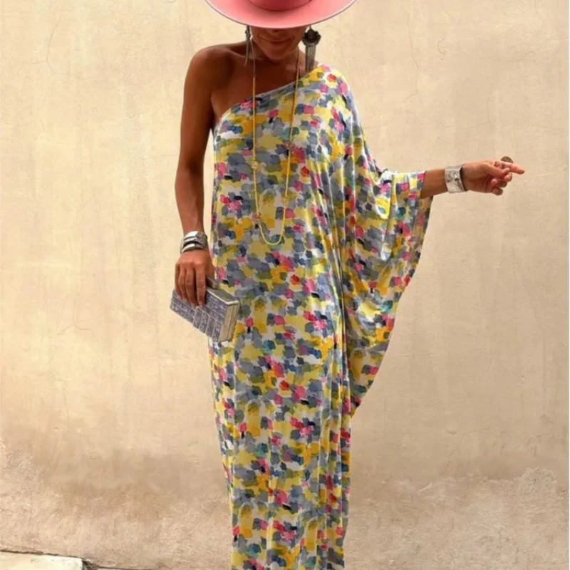 

Stylish Sexy Print Oblique Shoulder Summer Dress Casual Loose Long Women Dress Elegant Club Party Robe Front Room