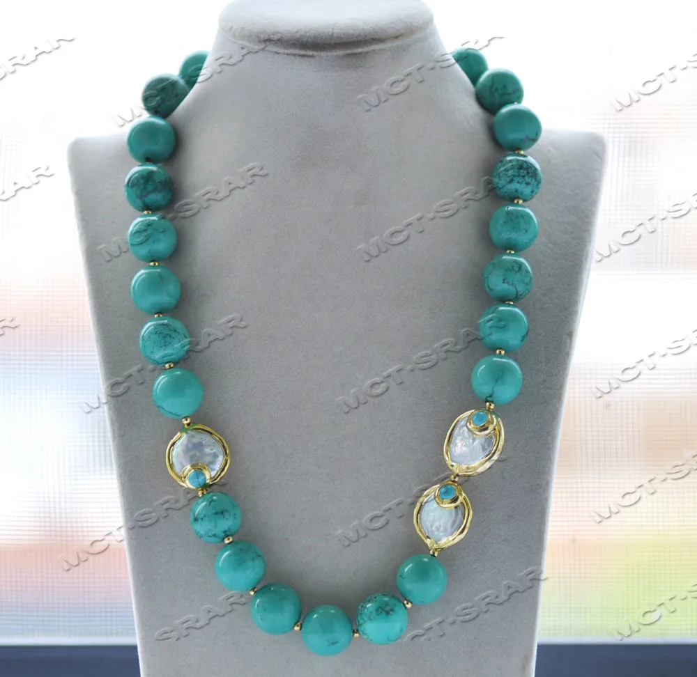 

Z12140 21'' 23mm White Coin Pearl Green Round Turquoise Necklace CZ