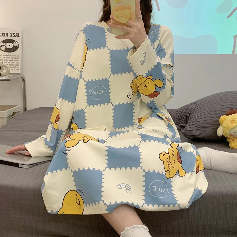 

Sanrio Pompom Purin Women Sleeping Skirt Kawaii Cartoon Young Girl Autumn Long Sleeves Leisure Sleeping Pajama Home Clothes New